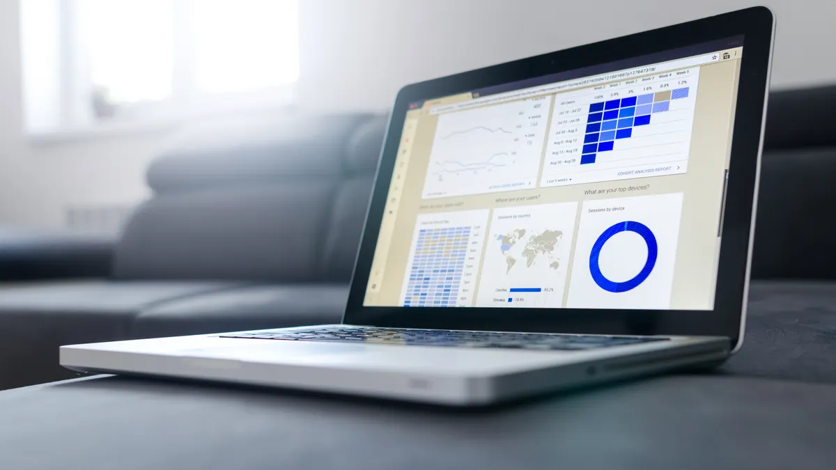 Laptop displaying a metrics dashboard with charts and graphs
